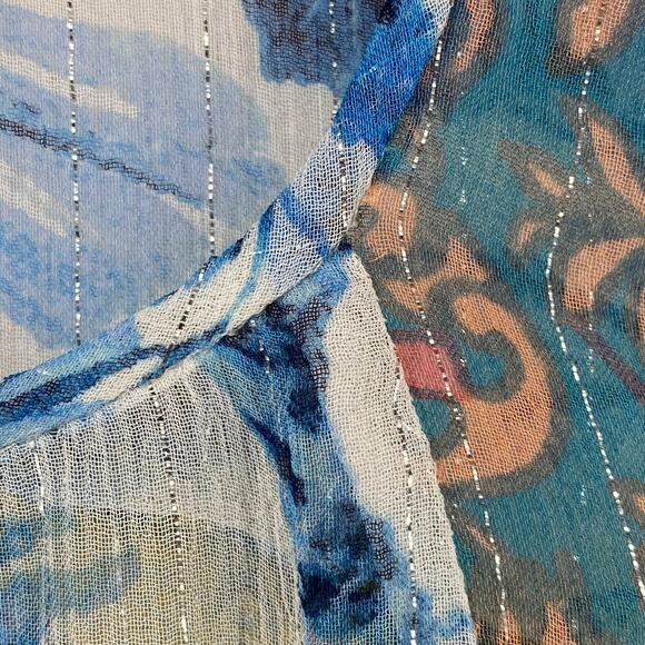 BCBGMAXAZRIA Top S Silk Sheer Floral Metallic Striped Long Sleeve Blue Orange - Picture 6 of 11